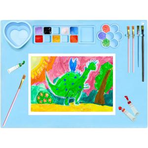 Silicone Painting Mat, 20"X16" Large Silicone Art Mat with Cup, Easy Clean Up, Protects Surfaces Perfectly for Paint, Color, Play with Clay/Play Dough (Blue)