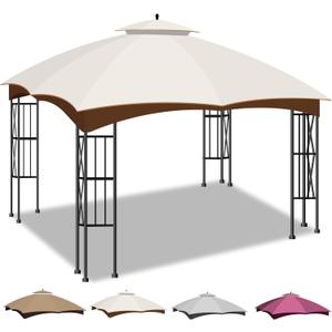 10x12 Double Tiered Gazebo Replacement Canopy, Upgraded 300D Polyester Heavy Duty Canopy Cover Top with Air Vent, Waterproof Gazebo Cover Roof for Outdoor Patio Garden (Dark Beige)