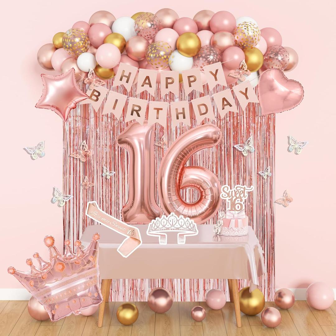 Amandir Sweet 16 Party Decorations, 16th Birthday Decorations for Girls Rose Gold Pink Foil Number Balloons Table Cloth Crown Sash Fringe Curtains Happy Birthday Banner Butterfly Party Supplies