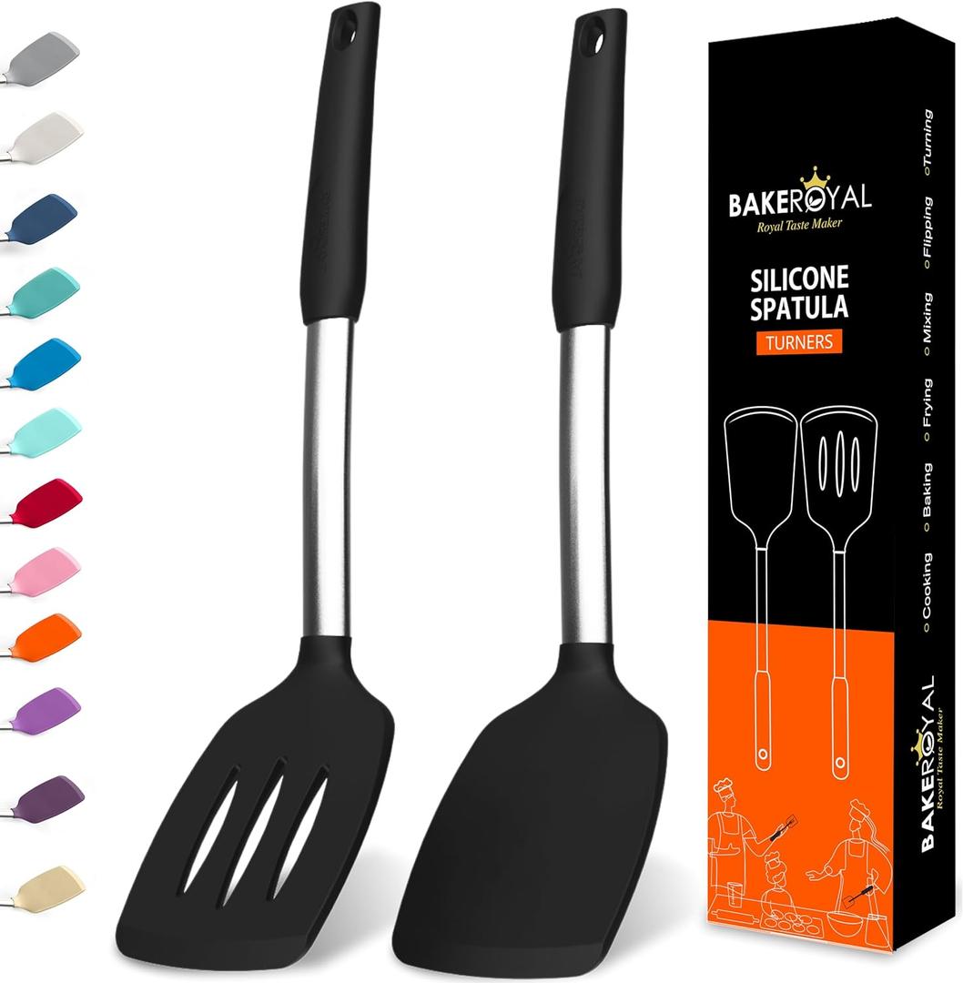 Silicone Spatula Set - Turner Spatulas Silicone Heat Resistant 600F - Slotted & Solid Spatula for Cooking Fish, Eggs, Pancakes Flipper  Spatulas for kitchen use  Black