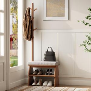 Coat Rack with Shoe Storage, Shoe Rack whit 8 Hook for Offices Bedroom Living Room, Small Shoe Bench, Walnut (23.6")