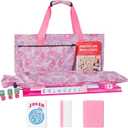American Mahjong Game Set, 166 Pink Tiles (1.2"), 4 All-in-One Color Rack/Pushers & Drawstring Bag, Complete Mahjong Sets with Pink Printed Carrying Bag and Mahjong Tile Set Accessories