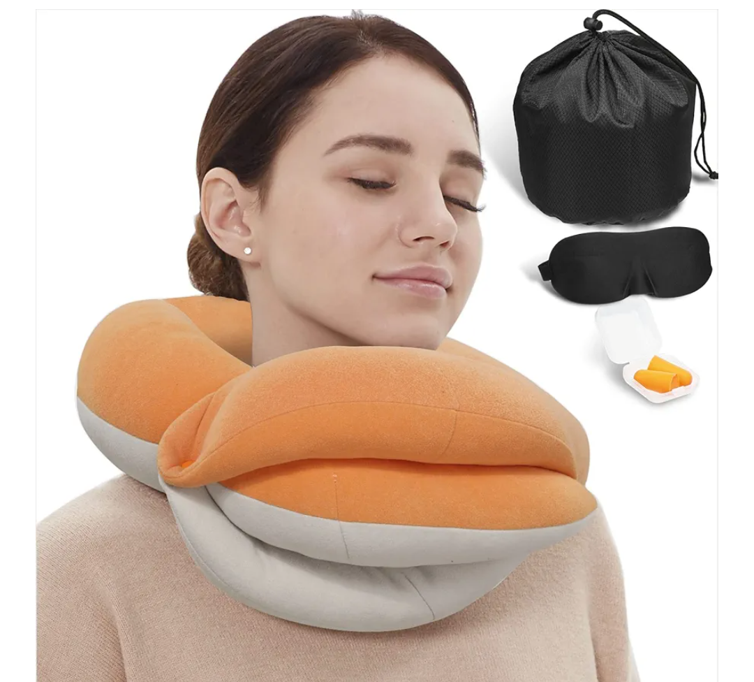 BUYUE Travel Neck Pillows for Airplanes, 360° Head Support Sleep for Long Flight, Skin-Friendly & Breathable, Kit with 3D Contoured Eye Mask, Earplugs and Storage Bag (Adult, Orange, 90+ lbs)