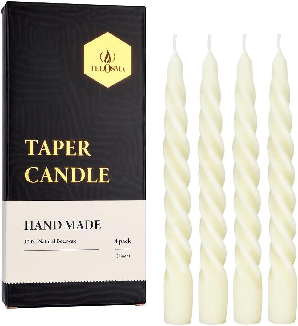 Beeswax Taper Candles Set of 4,Spiral Taper Candle Dripless Short Candle Sticks for Dinner Wedding Party Christmas Home Decorations - 7 inch in Height- Off White