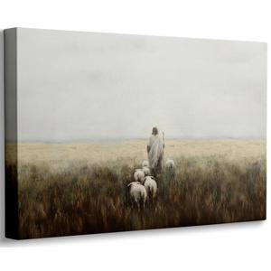 Jesus and Lamb Canvas Wall Art Vintage Christianity shepherd Painting Picture Wall Decor Jesus Leaves the 99 Sheep Inspirational Poster Print Artwork for Church Study Living Room Home Decoration, 61L x 40.6W cm