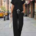 Trendy Queen 2 Piece Lounge Sets for Women Summer 2026 Henley Sweatsuit Travel Vacation Airport Outfits Pajamas Sets (Black, L)