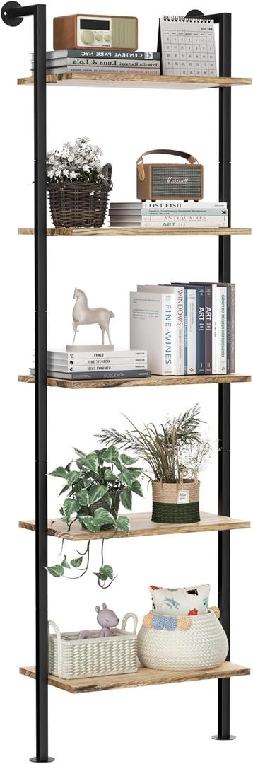 5-Tier Solid Wood Bookshelf, Narrow Ladder Display Shelf, Rustic Brown - Wall Mount, Industrial Style, Storage Solution for Living Room & Bedroom (Rustic Brown)