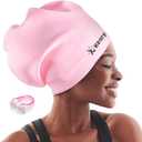 Keary Extra Large Swim Cap for Braids and Dreadlocks Extensions Weaves Long Hair, Waterproof Silicone Cover Ear Bath Pool Shower Swimming Cap for Adult Youth to Keep Hair Dry, Easy to Put On and Off (Pink(XL))