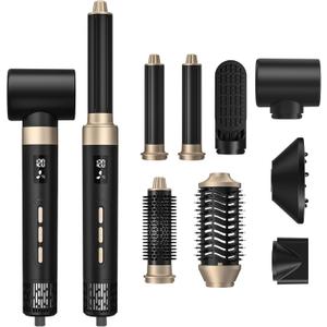 8 in 1 Blow Dryer Brush, Hot Air Styler with Detachable Blow Dryer, Hair Dryer Brush & Volumizer, Air Wrap Hair Styler Multi Styler Set  Curl, Dry, Straighten, Smooth, 3 Heat Settings (Black and Gold)