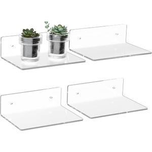 9 Inch Clear Wall Shelves, Acrylic Small Floating Shelf, Home Wall Display Shelf for Storage, Room Dcor, Space Saving, Items Organizer, Bathroom Organizer, 4 Pack