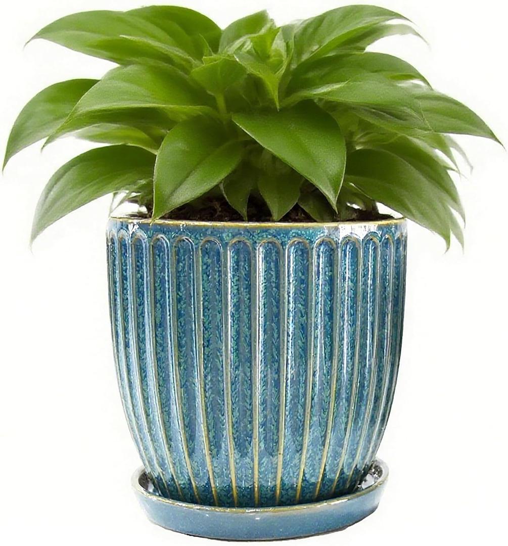 6 Inch Glaze Blue Ceramic Plant Pots with Drain Hole & Saucer, Flower Pots for Indoor/Outdoor Plants - Succulent, Snake Plant, Money Tree, Aloe Vera, Basil Planter