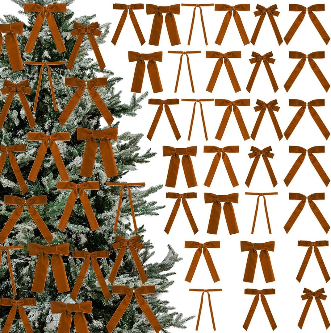30 Pcs Christmas Velvet Ribbon Bows 6.7 Inches Vintage Xmas Tree Bow Decorations for Gifts Christmas Tree Wreath Home Door Cabinets Furniture Kitchen Party Decor(Brown)