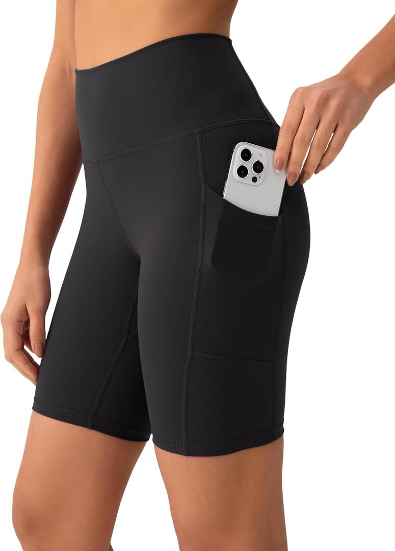 YUNOGA Womens High Waist Biker Shorts with Pockets 6"/8" Yoga Shorts Gym Workout Running Spandex Shorts (Black, M)