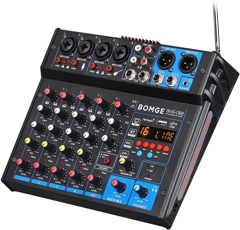 BOMGE 6 Channel dj powered audio sound mixer amplifier,100 W Stereo Speaker Home Audio Receiver effects, 48V phantom Power, USB, Bluetooth for home theater system, Karaoke, Streaming