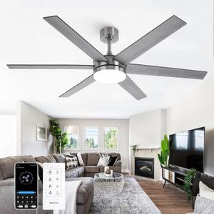 60 Inch Ceiling Fans with Lights and Remote, Indoor Outdoor Nickel Modern Ceiling Fan, Reversible DC Motor Dual-Sided Blades, 3CCT, Large Farmhouse Ceiling Fan for Bedroom Living Room Garage
