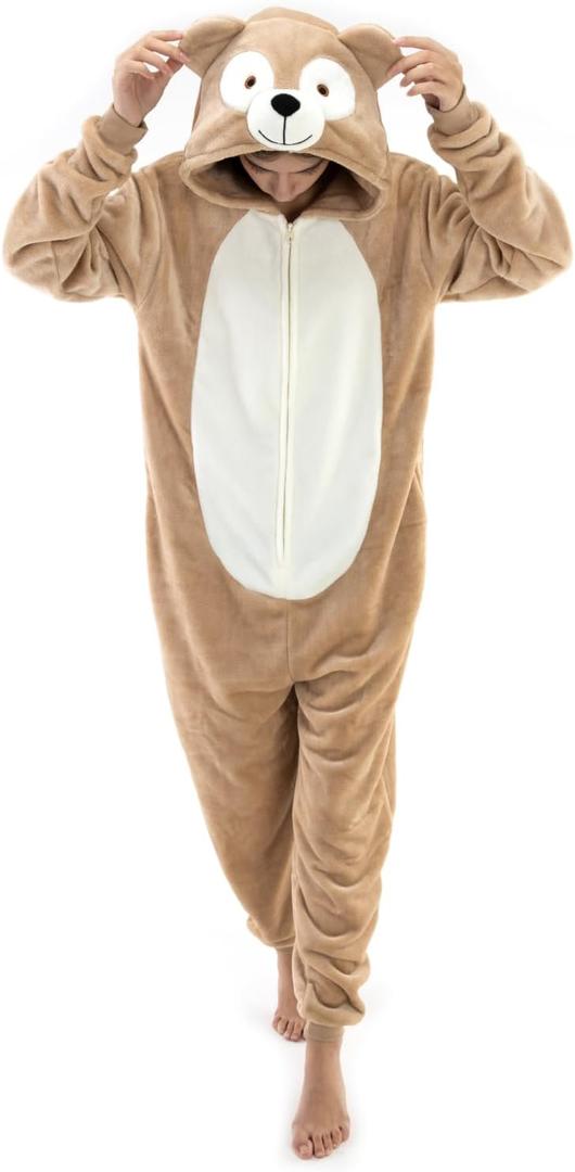 Snug Fit Unisex Adult Onesie Pajamas, Flannel Cosplay Animal One Piece Halloween Costume Sleepwear Homewear (Beige, XL)