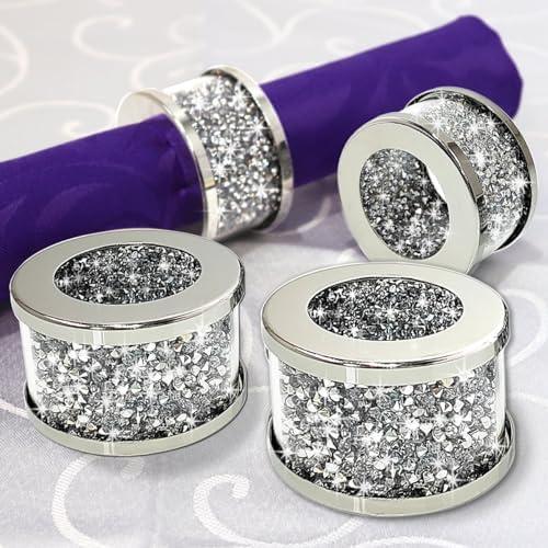 VOHJD Crystal Glass Napkin Holder Silver Diamond Napkin Rings Pack of 4 Pieces, Glam Crushed Diamond Table Settings Bling Serviette Buckles Cloth Holder
