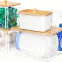 Trash Bag Dispenser Dishwasher Pod Holder - 5 in 1 Plastic Garbage Bag Under Sink Organizer, Acrylic Dryer Sheet Balls Laundry Pods Container with Bamboo Lid, Pantry Organizers and Storage Box