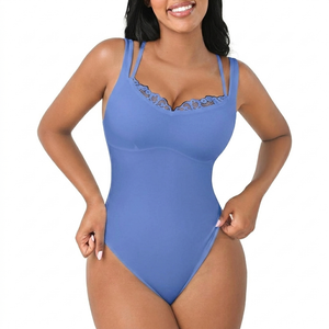 FeelinGirl V Neck Shapewear Bodysuits for Women Sleeveless Lace Body Shaper Tummy Control Thong Bodysuits for Women (Blue, Large)