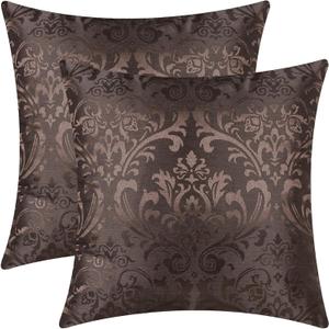 CaliTime Pack of 2 Throw Pillow Covers Cases for Couch Sofa Home Decoration Vintage Damask Floral Shining & Dull Contrast 18 X 18 Inches Coffee