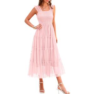 PRETTYGARDEN Women's Summer Tulle Midi Dress Sleeveless Smocked Ruffle Flowy Mesh Dresses Party Wedding Guest Sundress (Large, Light Pink)