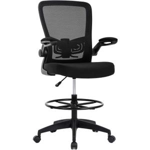 BestOffice Drafting Chair Tall Office Chair Adjustable Height with Lumbar Support Flip Up Arms Footrest Mid Back Task Mesh Desk Chair Computer Chair Drafting Stool for Standing Desk, Black, 22D x 23W x 50H in