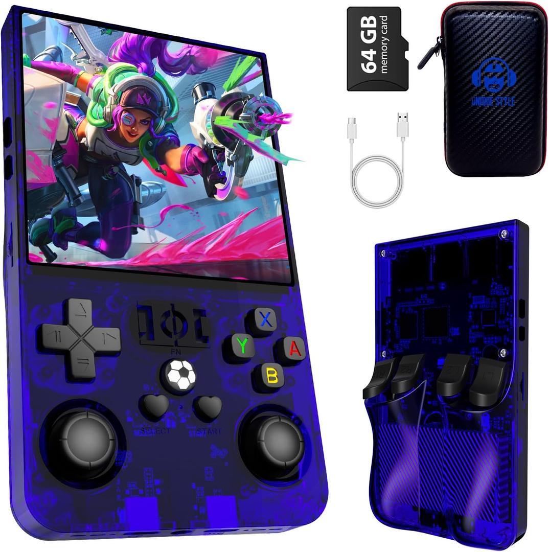 2025 New R36Max Handheld Game Console Portable Mini Retro Game Console 4.0" IPS Video Game Console Built-in 64GB TF Card Pre-Installed Over 18,000 Retro Games, 4000mAh Battery (Blue-MAX)