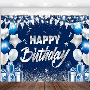 Navy Blue and Silver Happy Birthday Backdrop Banner Birthday Party Decorations Background for Men Women Boys Girls Wall Poster Supplies Fabric Photoshoot Props 10x8ft
