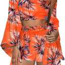 KEYUFANG Women 3 Piece Vocation Outfits Summer Suit Floral Kimono Cardigans Beach Cover Up Crop Cami Top Short Set (Small, Orange)