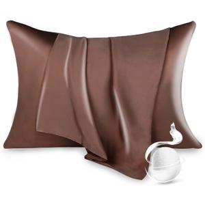 100% Pure Mulberry Silk Pillowcase for Hair and Skin, Queen Size 20*30 Cooling Silk Pillow Case by Zipper Closure, Smooth and Soft Dual Sides Silk Pillow Cover for Women. (Coffee, Queen-1 Pcs)