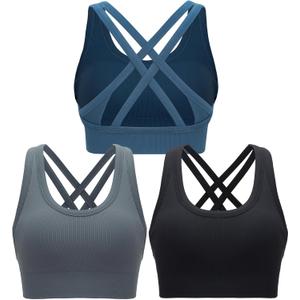 RUNNING GIRL Sports Bra for Women High Support, Criss-Cross Back Padded Strappy Sports Bras Yoga Bra with Removable Cups (Large, 1-black+grey+dark Blue)