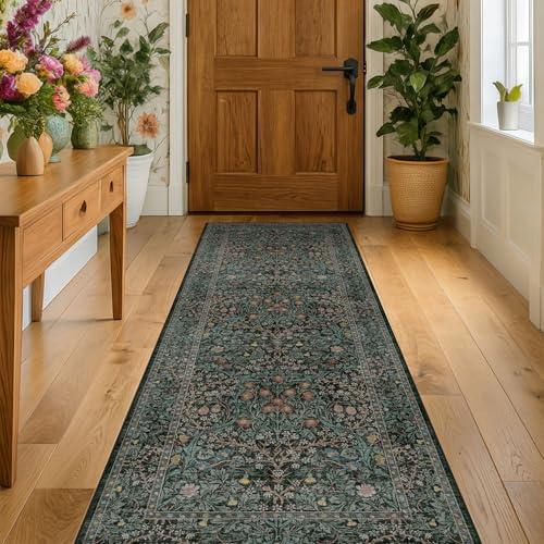 Dark Green 2x8 Runners for Hallways, 8ft Long Floor Runner for Kitchen, Entryway Indoor, Washable Non Skid Rubber Backing Stain Resistant - Vintage Floral Décor