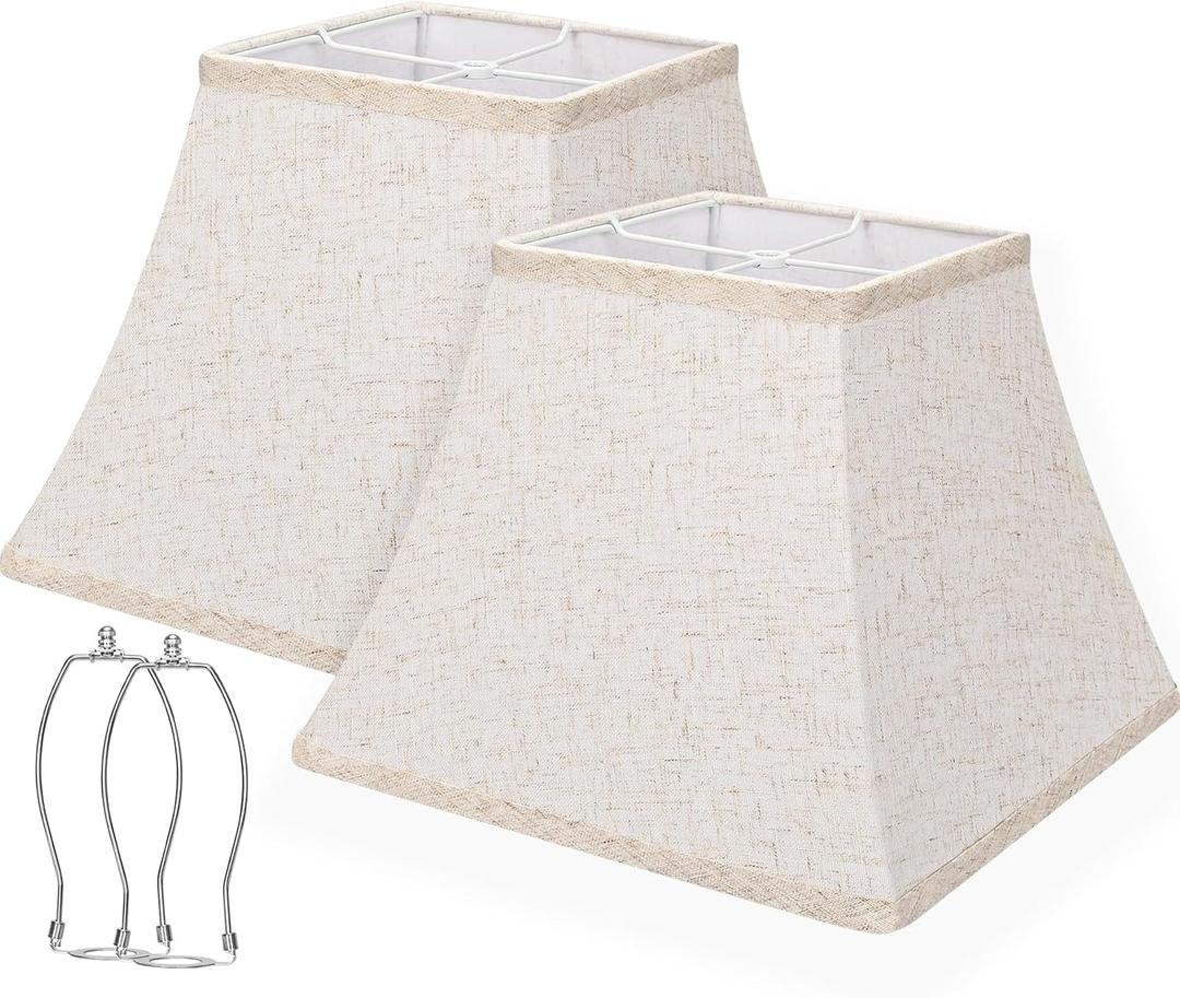 Square Bell Lamp Shades Set of 2, 7.5" x 13" x 10" Medium Beige Shade for Table Lamps Floor Lamps, Fabric Natural Linen Hand Crafted(Spider Fitter), Harp Holders Included, Assembly Required
