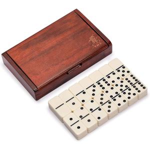 Yellow Mountain Imports 28 Tiles Double 6 Dominoes (Pips/Dots) Game Set - Jumbo Tournament Size Dominos with Dark Oak Wood Case