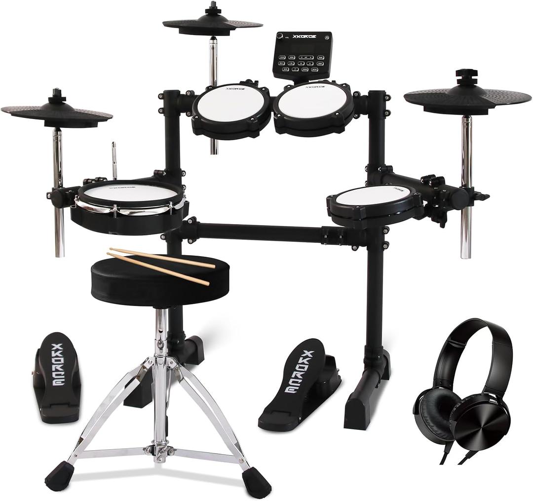 Electronic Drum Set Electric Drum Kit with 4 Quiet Mesh Pads, 360 Sounds, 2 Pedals, Headphones, Sticks, Dual Bluetooth function, Suit for Beginner