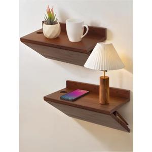 Floating Nightstand, Walnut Wood Floating Bedside Table Z-Shape Wall Mounted Nightstand Small Hanging Night Stands for Bedroom (2, Walnut)