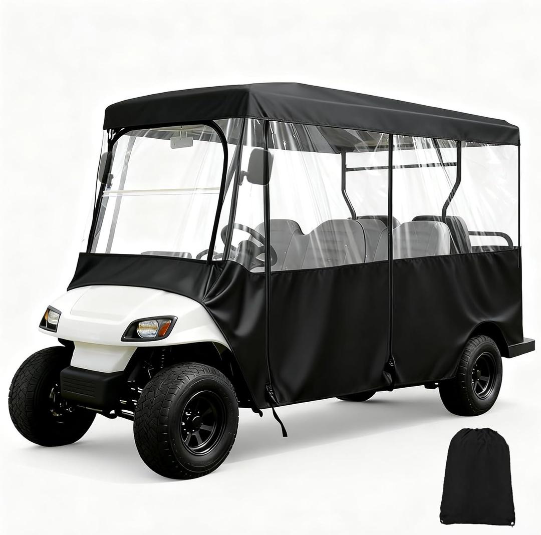 6 Passenger Golf Cart Enclosure for 120" Extended Roof, 600D Waterproof Driving Rain Cover with Clear 4-Sided Windows, Roll-Up Door, Zippered Mirror Openings, All-Weather Protection