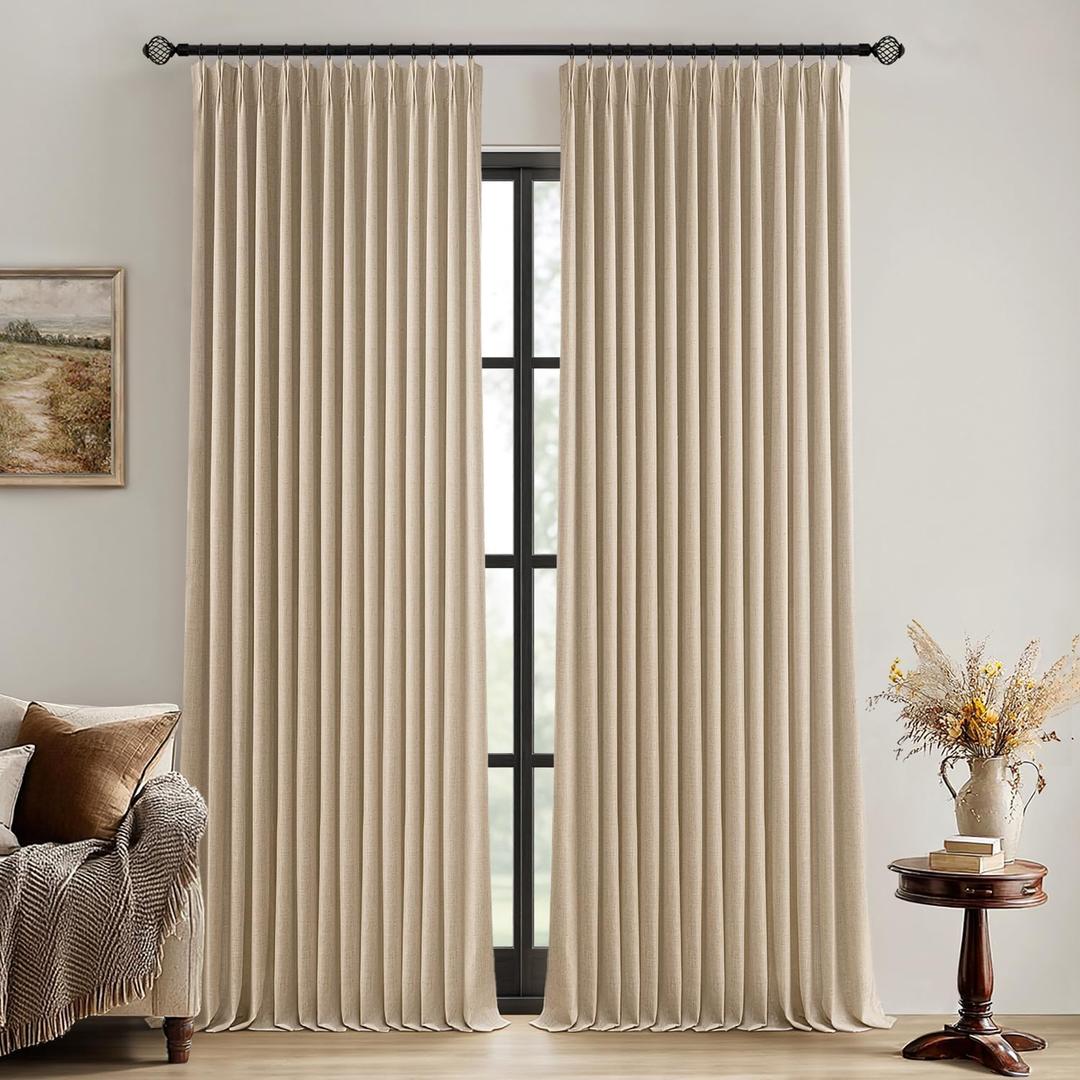 MIULEE Taupe Pinch Pleated 100% Blackout Linen Curtains for Bedroom, Room Darkening Memory Trained Light Blocking Window Curtains 84 inches Long for Living Room, Black Out Pleat Drapes, 2 Panels