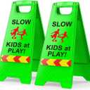 2 Pack Kids at Play Signs with Reflective Tape, Children at Play Safety Signs Double-Sided Text and Graphics Easier to Identify, Kids at Play Safety for Street Neighborhoods Commuity(Green)