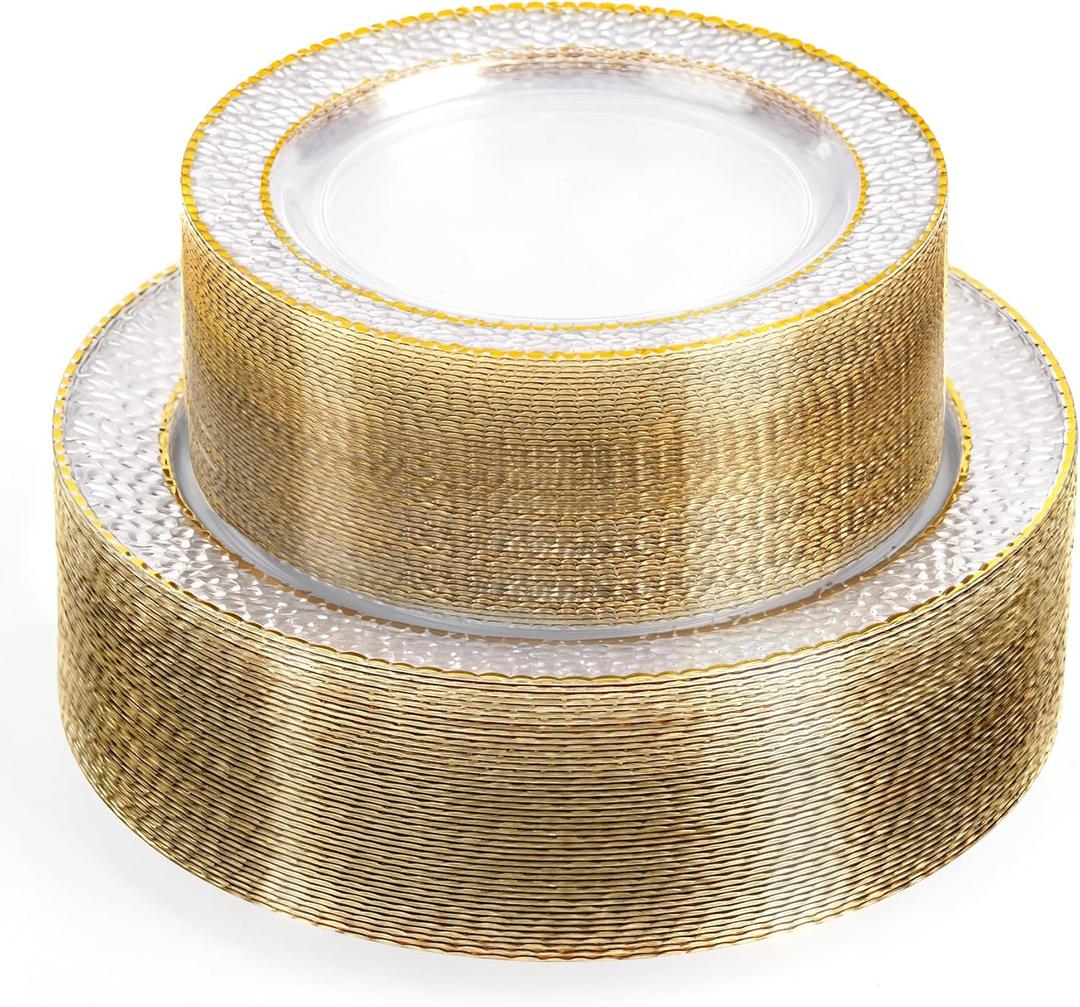 100PCS Clear Plastic Plates, Heavy Duty Disposable Plastic Plate with Gold Rim, Elegant 50 Dinner and 50 Dessert Plates for Wedding and Party