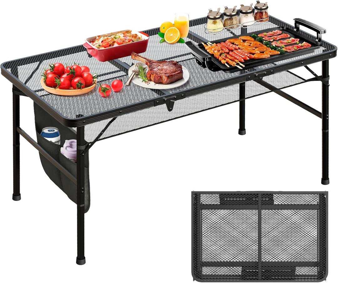 Portable Folding Grill Table for Outside, Height Adjustable & Lightweight Camping Table for Outdoor Camping, Garden, Dining, BBQ, Party, 4FT