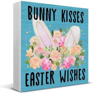 Easter Decor, Easter Decorations for Home, Farmhouse Bunny Kisses Wood Sign Decoration for Home Kitchen Living Room Bedroom Desk Shelf Table 5 X 5 Inch