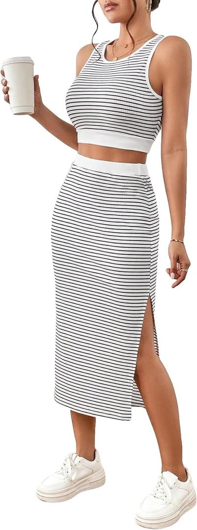 GORGLITTER Women's Skirt Sets 2 Piece Outfits Striped Skirt and Top Set Summer Going Out Outfits (Black and White)
