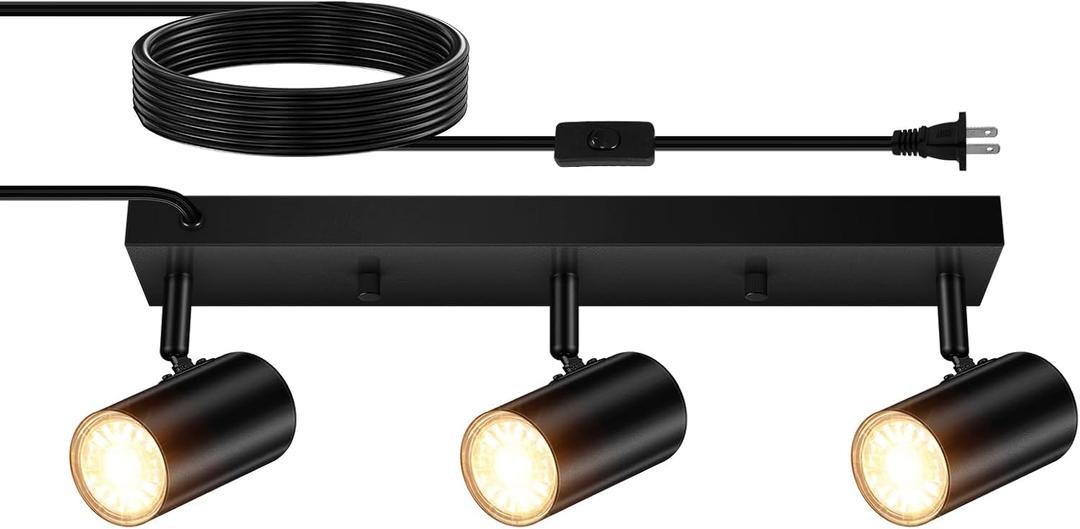 3 Light Track Lighting Kit,Black 3 Way Modern Plug in Ceiling Spotlight,Industrial LED Wall Light for Kitchen Cabinet Gallery Bar Hallway Living Room,Rocker Switch,15 Foot Cord(No Bulb)