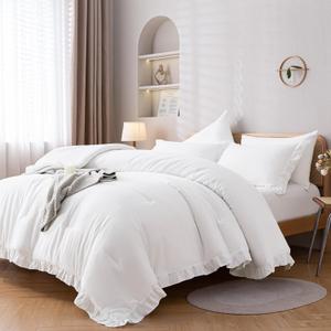 King Size, White Comforter, Ruffled Comforter,  Fluffy Vintage Farmhouse Shabby Chic Bedding Soft All Season