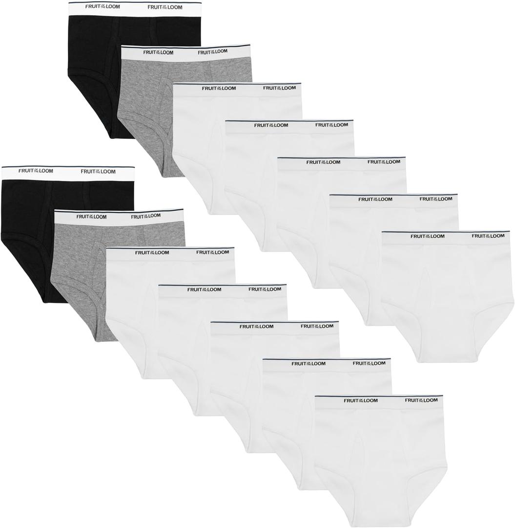 Fruit of the Loom Boys' Tag Free Cotton Briefs Underwear (Assorted Colors) (Medium, Boys  14 Pack  Black/White/Grey)