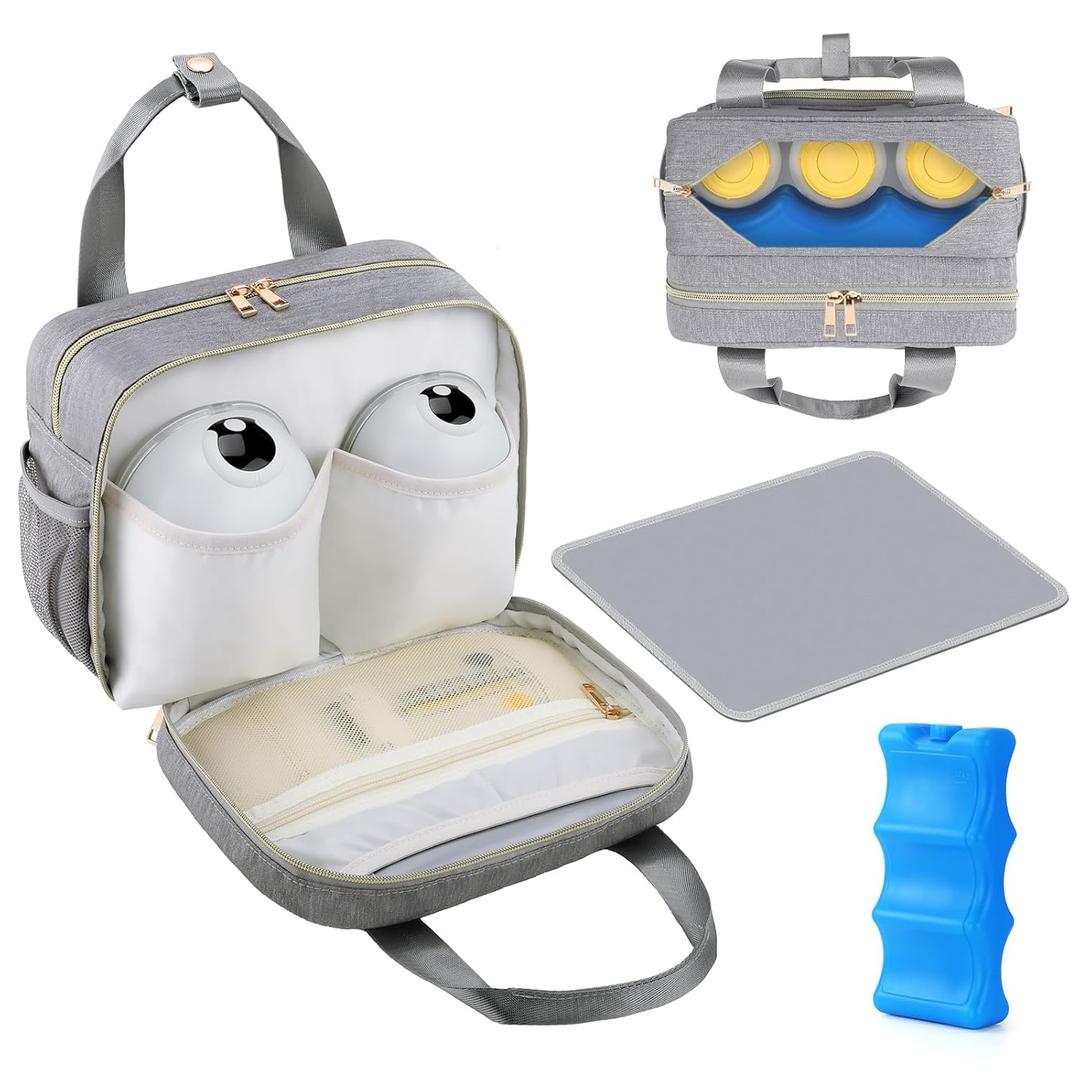 PIIOSER Breastmilk Cooler Travel Bag with Ice Pack, Compatible with Wearable Breast Pumps & Accessories - Portable Hands Free Breast Pump Carrying Case for Nursing & Working Moms, Grey