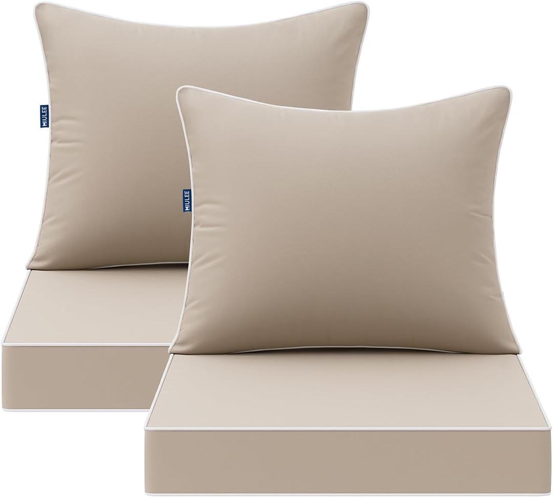 MIULEE Beige Outdoor Seat Cushion 24x24 Inch Set of 2 Waterproof & 3 Year Fade Resistant Deep Seat and Back Cushion for Patio Furniture Chair Sofa Couch with Handle and Adjustable Straps