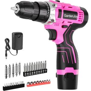 GardenJoy Cordless Power Drill Set: 12V Electric Drill with Battery and Charger, 65pcs Acessories, 3/8"Keyless Chuck, 2 Variable Speed, 24+1 Position, Compact Drill Driver Kit for Home & DIY Project