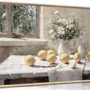 XXOUYLQ Vintage Kitchen Wall Art Yellow Lemon Still Life Pictures Daisy oil Painting Poster Rustic Farmhouse Artwork Posters White vase Canvas Bedroom Bathroom Wall Decor Kitchen Prints frame 16x32in